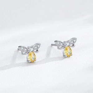 Boucles d'oreilles abeilles en argent S925 avec gemme jaune et ailes en zircone scintillantes