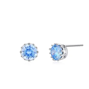 S925 Sterling Silver Sea Blue Zirconia Stud Earrings For Women Elegant Geometric Round Crown Inlaid Fashion Jewelry Earring