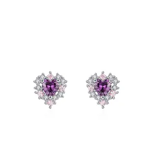 Orecchini a Bottone in Argento Sterling S925 Cuore Viola Zirconia per Donna Dolce Romantico Intarsiato a Forma di Cuore Gioielli