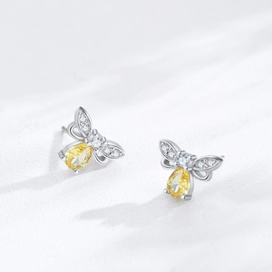 Boucles d'oreilles abeille en argent 925 avec pierre jaune et cristaux blancs brillants