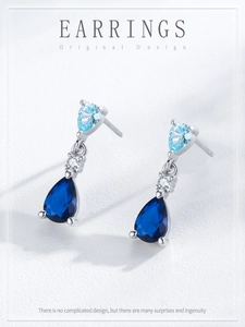 Detail view of S925 sterling silver drop earrings with blue gradient pear-cut zircons