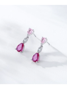 Detailed view of S925 silver teardrop earrings with pink and magenta crystal stones
