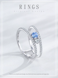 Macro shot of S925 sterling silver ring featuring light blue gemstone and white zircons