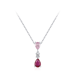 S925 silver necklace featuring tiered pink and red pear-shaped gemstone pendants on white