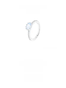 Detailed view of S925 silver ring with oval blue gemstone and micro-pave white stones