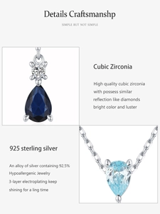 Detail view of pear-cut blue cubic zirconia pendant on a 925 sterling silver chain