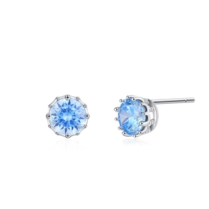 Elegant S925 sterling silver stud earrings with round blue zircon in crown setting