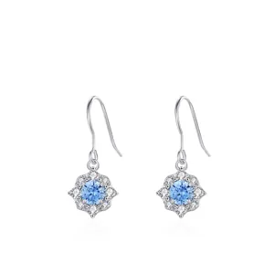 925 Sterling Silver Sea Blue Zirconia Flower Drop Earrings Elegant Fresh Lady Hook Earrings Women Fashion Inlaid Jewelry