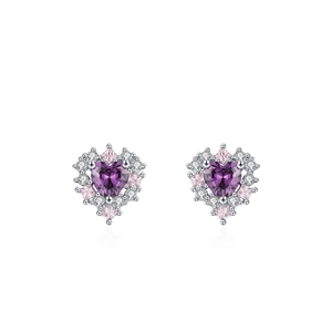 Orecchini a cuore in argento S925 con zircone viola e bordo di pietre preziose rosa