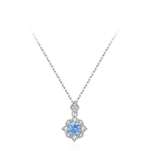 925 Sterling Silver Sea Blue Zirconia Flower Pendant Necklace For Women Elegant Small Crowd Design Clavicle Chain Jewelry