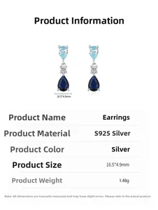 Detail view of S925 silver drop earrings featuring blue pear-cut stones and clear zircon