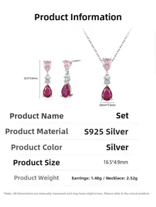Details van S925 sterling zilveren sieradenset met roze peervormige stenen en maten