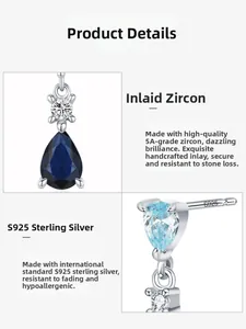 Close-up of S925 sterling silver earrings with blue drop zircon and 5A grade stones