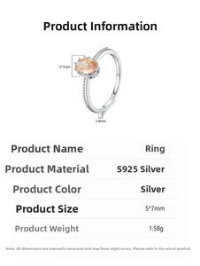 Detailed view of S925 sterling silver ring with 5x7mm champagne zircon and 1.4mm band