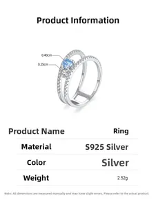 Detailed view of S925 sterling silver double-layer ring with blue zircon dimensions