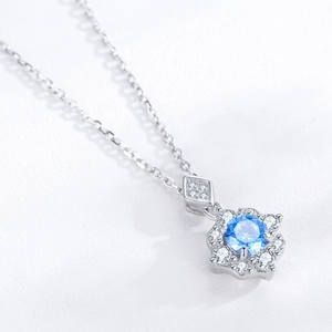 S925 sterling silver necklace featuring a flower pendant with sky blue zircon and diamonds
