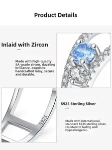 Macro detail of S925 sterling silver stamp and handset sea blue zircon on double-layer ring