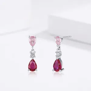 925 Sterling Silver Pink Red Teardrop Stud Earrings Korean Sweet Zirconia Water Drop Earrings For Women Elegant Vintage Jewelry