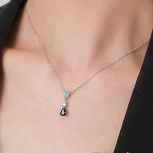 Elegant S925 sterling silver necklace with blue teardrop zircon pendants for women