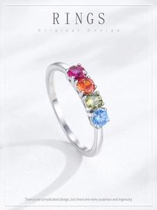 Macro detail of S925 sterling silver ring with colorful round-cut rainbow zircons
