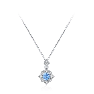 S925 sterling silver necklace featuring a light blue zircon flower pendant with diamonds