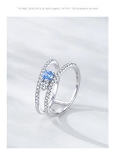 Macro view of S925 sterling silver double-layer ring with sky blue zircon inlay