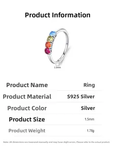 Detail showing S925 sterling silver ring dimensions and colorful zircon stones