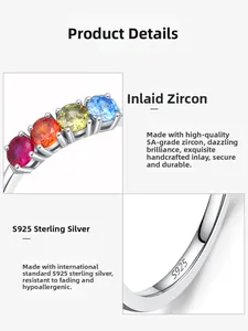 Macro shot of S925 sterling silver ring with 5A grade colorful rainbow zircon stones