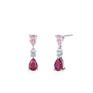 S925 sterling silver drop earrings with pink and red pear-shaped gemstones on white backdrop