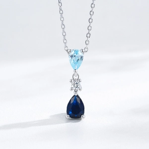 Elegant S925 silver necklace with blue teardrop pendants and sparkling cubic zirconia stones