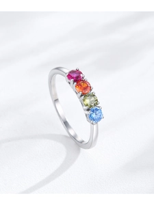 Detail view of S925 silver ring featuring four colorful round-cut zircon gemstones