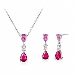 925 Sterling Zilver Roze Rood Zirconia Waterdruppel Sieradenset Voor Dames Zoete Peer Slijpvorm Steen Ketting Oorbellen Mode Sieraden
