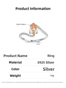 Détail de la bague en argent S925 avec pierre champagne et anneau ondulé pavé