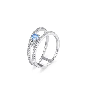 925 Sterling Silver Double Layer Geometric Ring For Women Sky Blue Zirconia Inlaid Minimalist Jewelry Elegant Hand Accessory