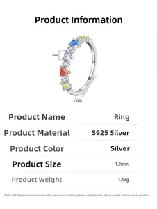 Detailed spec chart of S925 silver ring featuring size marks and colorful heart zircon
