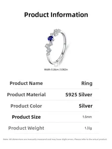 Detailed specs of S925 sterling silver ring with blue sapphire and 0.16cm wide band