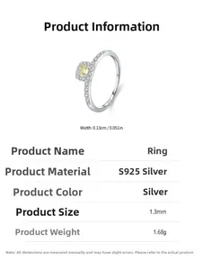 Macro detail of S925 sterling silver ring showing size dimensions and yellow zircon stone