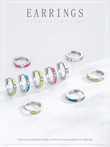 Close-up of S925 sterling silver hoop earrings with colorful enamel and inset zircon