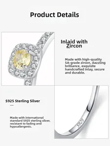 Macro detail of S925 sterling silver ring with yellow square cubic zirconia and S925 hallmark