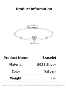 Detailed view of S925 sterling silver heart bracelet with size parameters and zircon stones