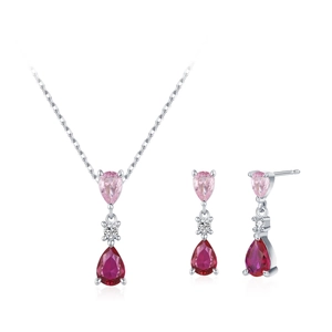 S925 Sterling Zilveren sieradenset met roze en rode druppelvormige zirkonia ketting en oorbellen