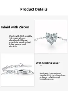 Detail view of S925 sterling silver heart pendant with 5A zircon and adjustable clasp