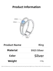 Macro detail of S925 silver ring with 0.4cm blue stone and dimensions for women