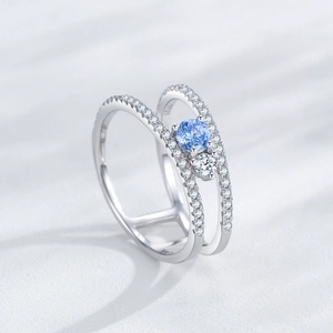 Double-layered S925 sterling silver ring with light blue and white zircon gemstones