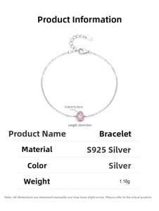 Detail of S925 silver bracelet featuring a pink teardrop zirconia and refined chain link