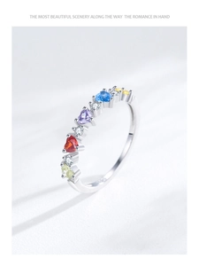 Detailed macro view of S925 sterling silver band with colorful heart-shaped zircon stones
