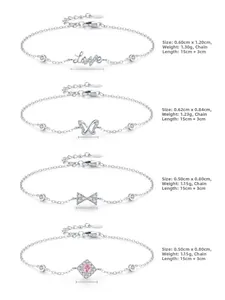 Detail view of S925 silver bracelets featuring Love letters and butterfly charms with size info