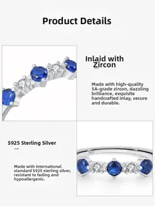 Detail view of S925 sterling silver band set with blue and white 5A cubic zirconia stones