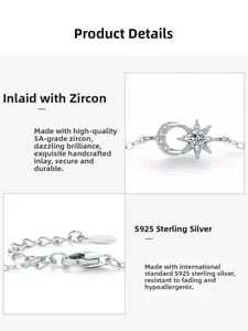 Detail of S925 sterling silver chain featuring star and moon pendants with 5A zircons