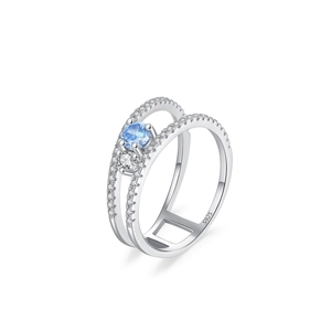 S925 sterling silver double layer ring with blue zircon gemstone in 45-degree view